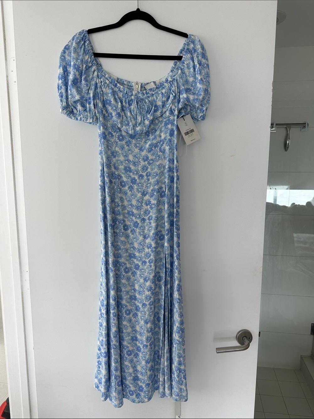 Reformation Blue and White Floral Puff-Sleeve Maxi Dress